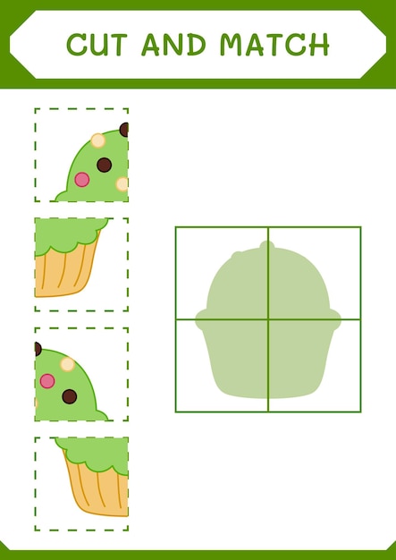 어린이를 위한 컵케이크 게임의 일부를 자르고 일치시킵니다. 벡터 일러스트레이션 인쇄용 워크시트