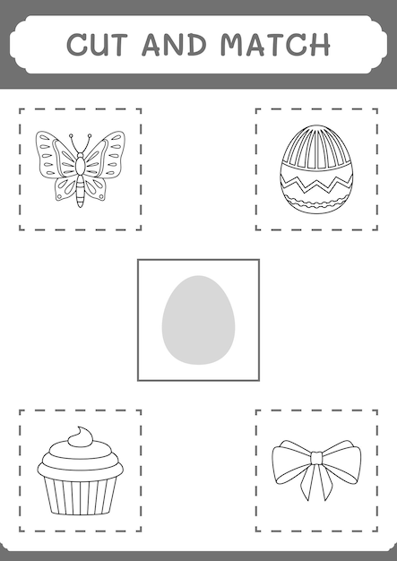 어린이를 위한 부활절 달걀 게임의 일부를 잘라서 일치시킵니다. 벡터 그림 인쇄용 워크시트
