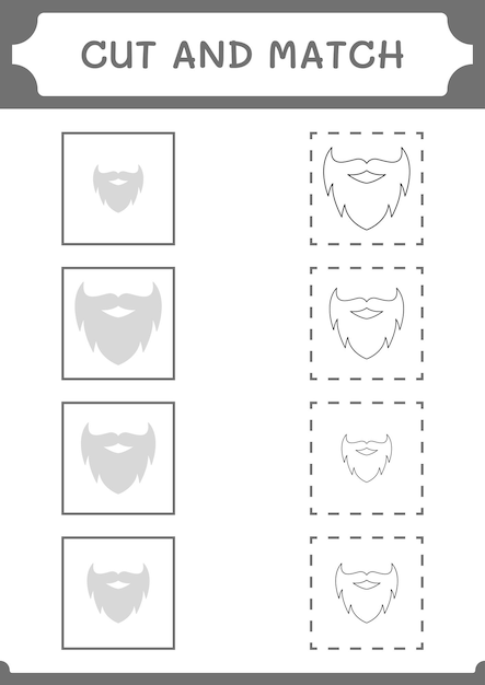 어린이를 위한 레프러콘 수염 게임의 일부를 자르고 일치시킵니다. 벡터 일러스트레이션 인쇄용 워크시트