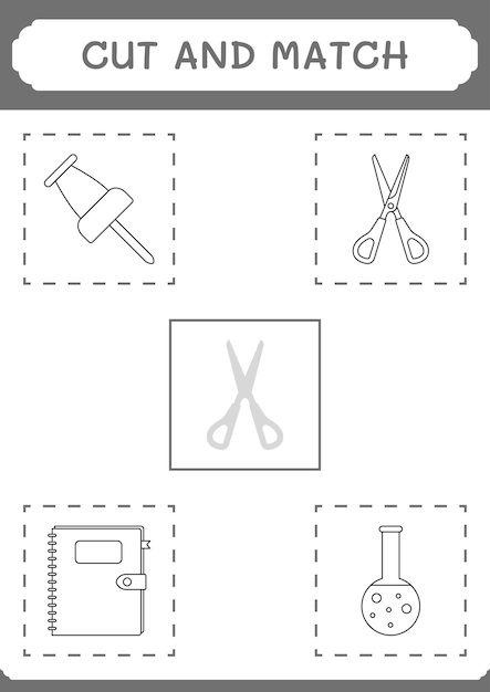 어린이용 가위 게임의 일부를 자르고 일치시키십시오. 벡터 일러스트레이션 인쇄용 워크시트