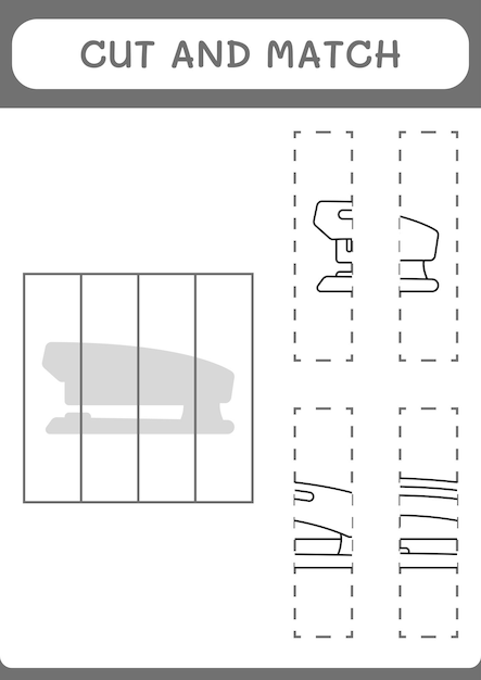 어린이용 스테이플러 게임의 일부를 잘라내어 일치시킵니다. 벡터 일러스트레이션 인쇄용 워크시트