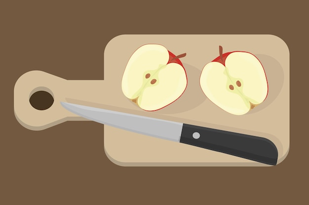 Vector cut apple on a wooden board with a knife