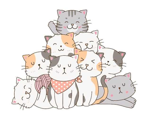 Tagliare gli amici di famiglia del gruppo del gatto che si stringono a sé in un'illustrazione del fumetto del disegno di scarabocchio di forma della piramide