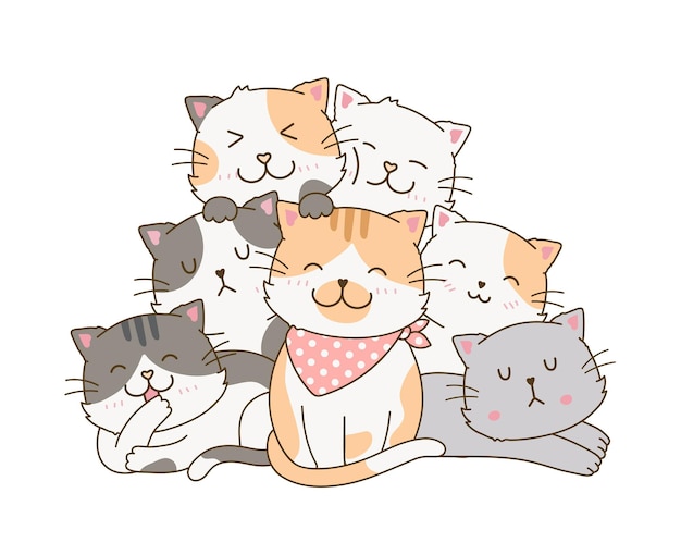 Cut cat group family friends cuddling sleeping in pyramid shape doodle drawing cartoon illustration