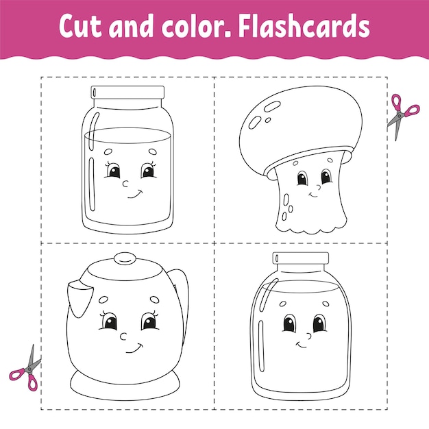 Cut and color Flashcard Set Coloring book for kids Cute cartoon character Black contour silhouette