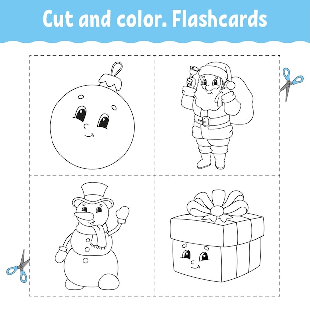 Cut and color Flashcard Set Coloring book for kids Cute cartoon character Christmas theme