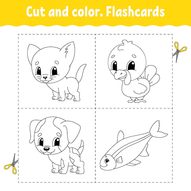 Cut and color. Flashcard Set. Coloring book for kids.
