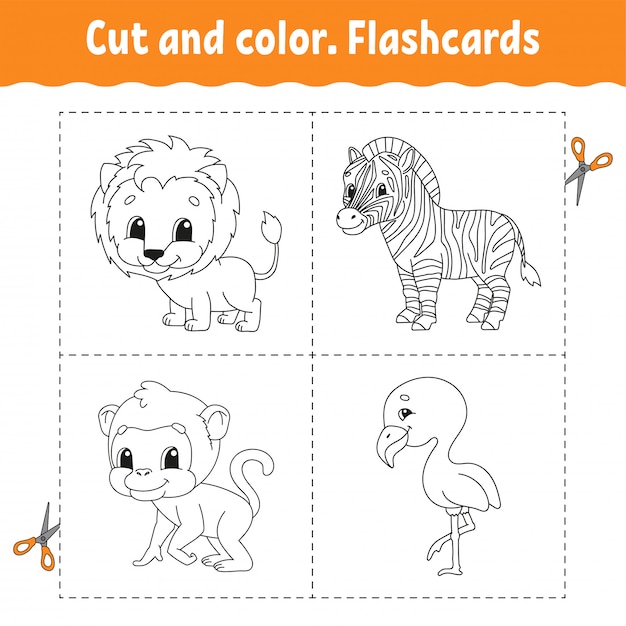 Cut and color. flashcard set. flamingo, lion, zebra, monkey. coloring book for kids.