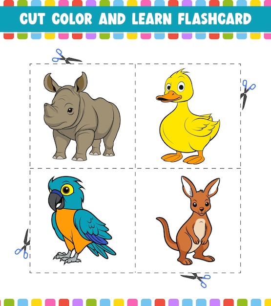かわいい動物の漫画のキャラクターを使った子供向けの色を切ってフラッシュカードを学ぶアクティビティの塗り絵