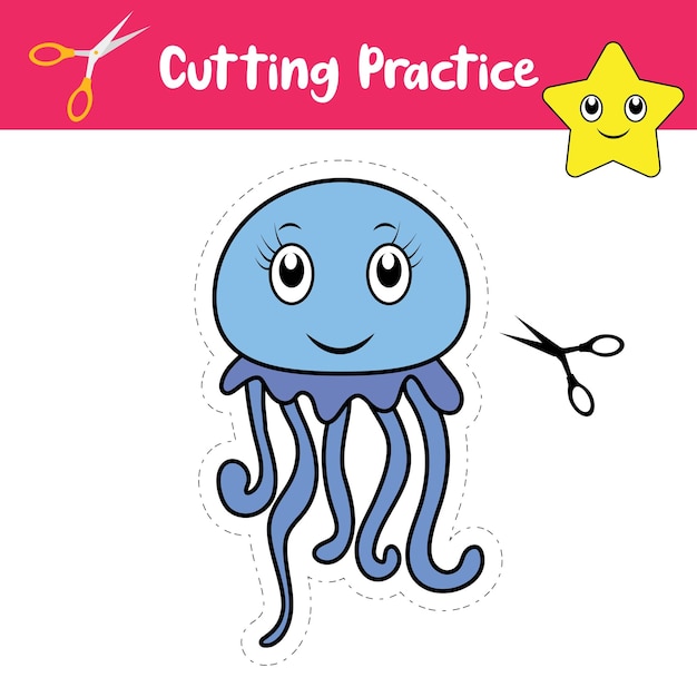 Vector cut the cute jelly fish cutting practice worksheets for kids vector graphics