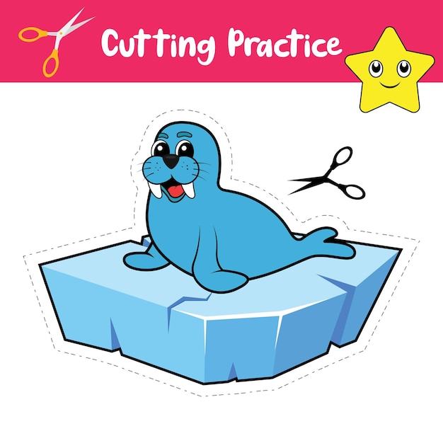 Cut the Cute Walrus Cutting practice worksheets for kids Vector Graphics