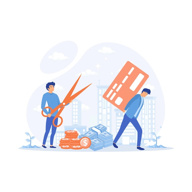 Vector cut debt showing a person trap in a credit card debt flat vector modern illustration