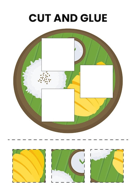 Vector cut and glue of asian food worksheet for children