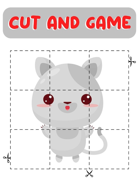 Vector cut and glue cat educational children game printable worksheetpuzzles with animals