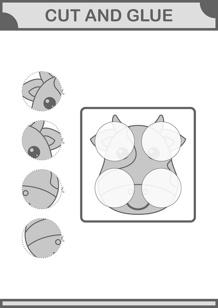 아이들을 위한 암소 얼굴 워크시트 자르고 붙이기