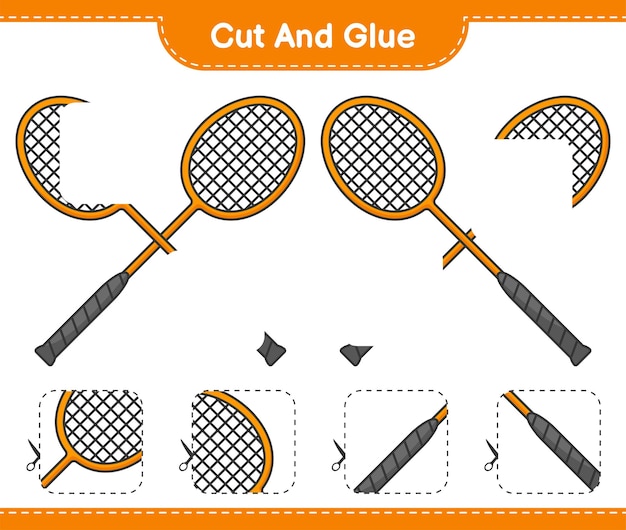 Cut and glue cut parts of Badminton Rackets and glue them Educational children game printable worksheet vector illustration