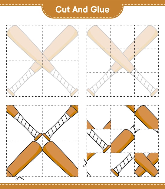 Вырежьте и склейте вырезанные части бейсбольной биты и склейте их. Образовательная детская игра для печати на векторной иллюстрации листа