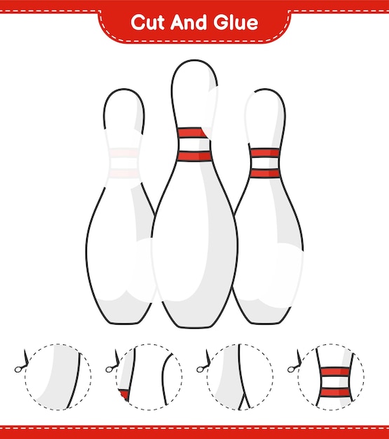 Cut and glue cut parts of bowling pin and glue them educational children game printable worksheet vector illustration