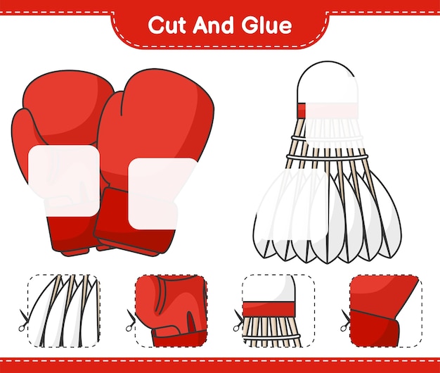 Cut and glue cut parts of boxing gloves shuttlecock and glue them educational children game printable worksheet vector illustration