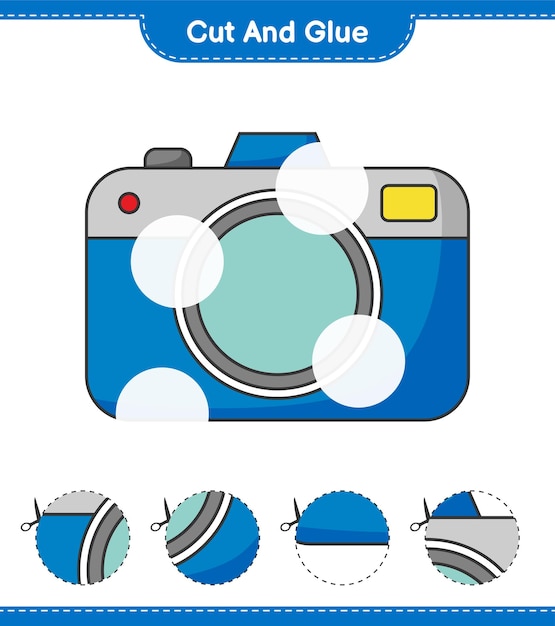 Cut and glue, cut parts of Camera and glue them. Educational children game, printable worksheet, vector illustration