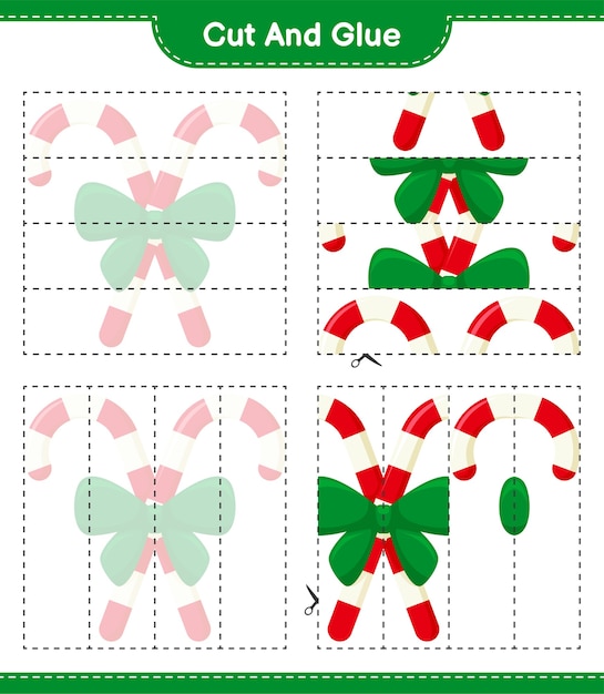 Cut and glue, cut parts of Candy Canes with Ribbon and glue them. Educational children game, printable worksheet