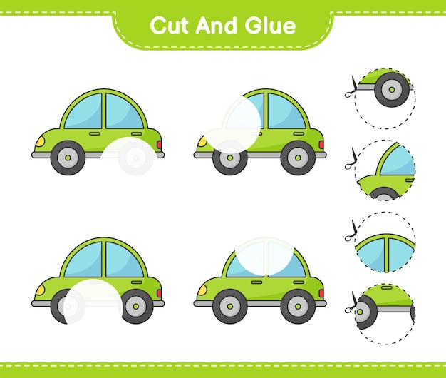 Vector cut and glue cut parts of car and glue them educational children game printable workshee