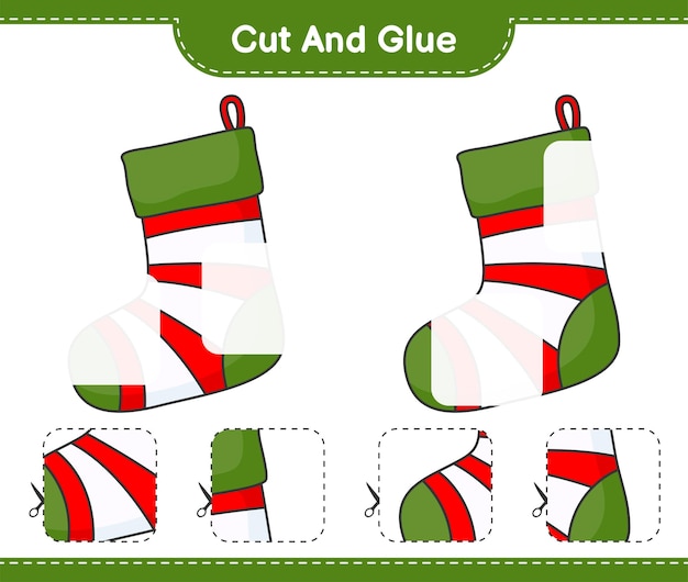 Cut and glue cut parts of Christmas Sock and glue them Educational children game printable worksheet vector illustration