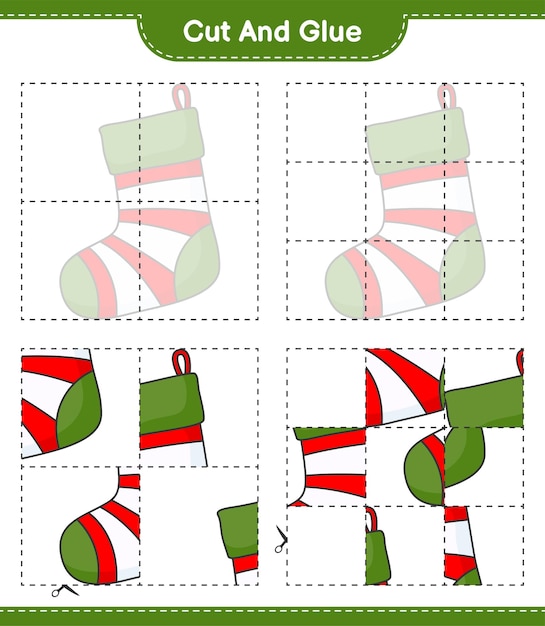 Cut and glue cut parts of Christmas Sock and glue them Educational children game printable worksheet vector illustration