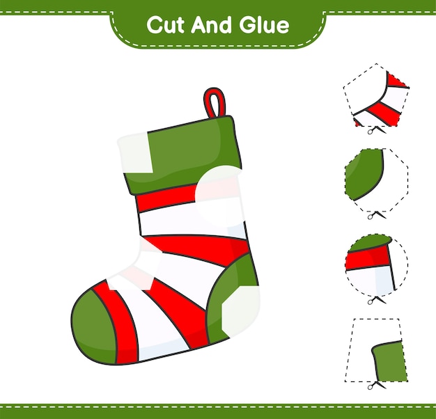 Cut and glue cut parts of Christmas Sock and glue them Educational children game printable worksheet vector illustration