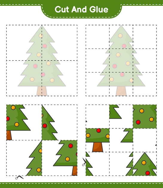 クリスマスツリーの一部を切り取って接着し、それらを接着します教育の子供たちのゲームの印刷可能なワークシート