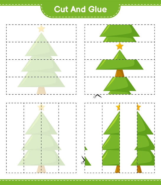 カットして接着し、クリスマスツリーの一部をカットして接着します。教育的な子供向けゲーム、印刷可能なワークシート