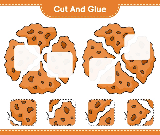 Tagliare e incollare parti tagliate di cookie e incollarle illustrazione vettoriale del foglio di lavoro stampabile del gioco educativo per bambini