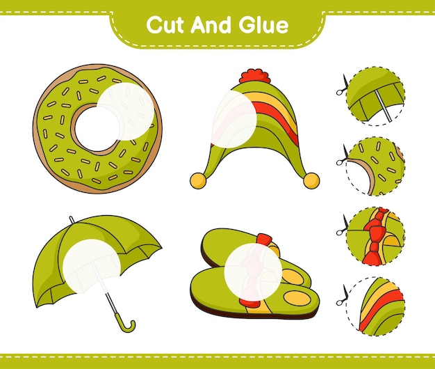 Cut and glue, cut parts of donut, slippers, umbrella, hat and glue them. educational children game, printable worksheet, vector illustration