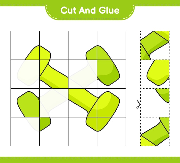 덤벨의 절단 부분을 잘라내어 붙이고 붙입니다. 교육용 어린이 게임 인쇄용 워크 시트 벡터 일러스트 레이션