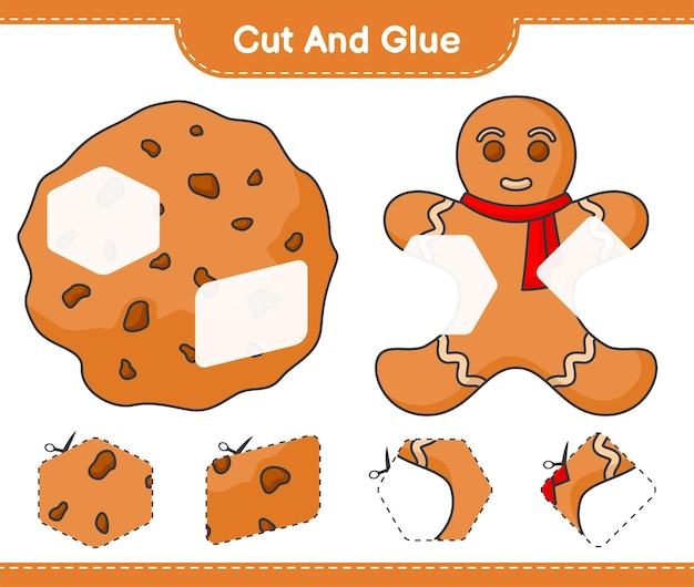 Cut and glue cut parts of gingerbread cookies and glue them educational children game printable worksheet vector illustration