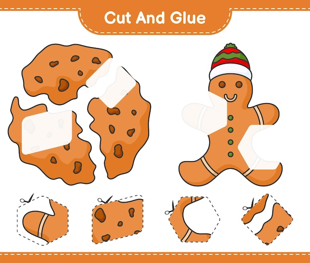 Tagliare e incollare parti tagliate di biscotti di pan di zenzero e incollarle illustrazione vettoriale del foglio di lavoro stampabile del gioco educativo per bambini