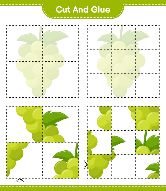 포도의 일부를 자르고 붙이고, 자르고 붙입니다. 교육용 어린이 게임, 인쇄 가능한 워크 시트