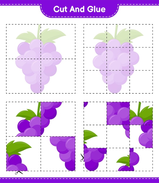 포도의 일부를 자르고 붙이고, 자르고 붙입니다. 교육용 어린이 게임, 인쇄 가능한 워크 시트