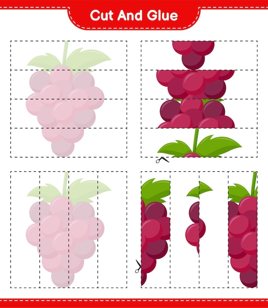 포도의 일부를 자르고 붙이고, 자르고 붙입니다. 교육용 어린이 게임, 인쇄 가능한 워크 시트