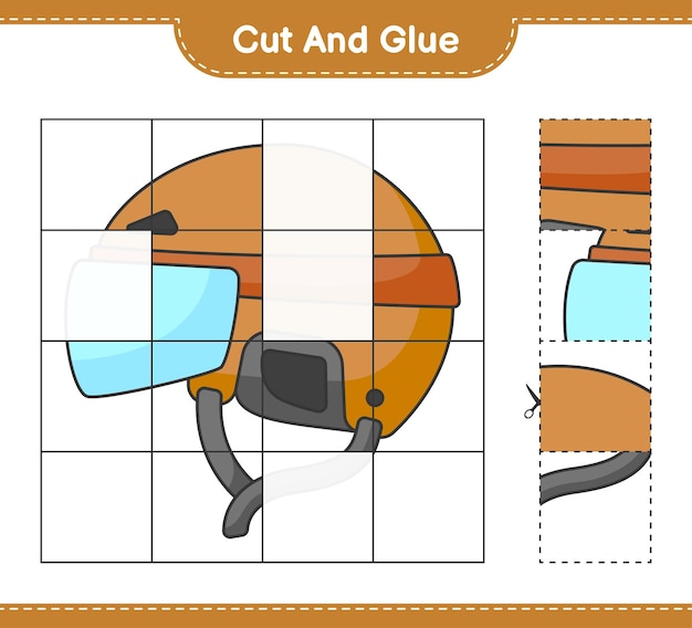 하키 헬멧의 절단 부분을 자르고 붙이고 붙입니다. 교육용 어린이 게임 인쇄용 워크 시트 벡터 일러스트 레이션