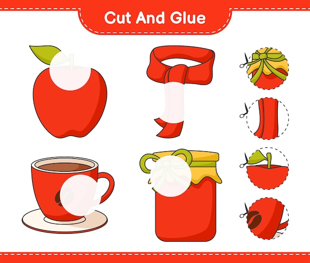 Cut and glue, cut parts of Jam, Coffee Cup, Apple, Scarf and glue them. Educational children game, printable worksheet, vector illustration