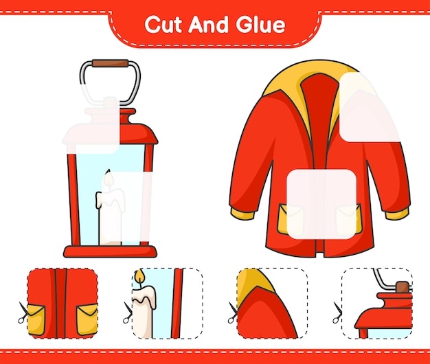 랜턴과 따뜻한 옷의 일부를 자르고 붙이고 자르십시오. 교육 어린이 게임, 인쇄용 워크시트, 벡터 일러스트 레이 션