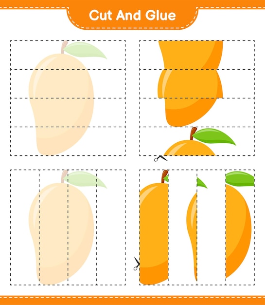 Tagliate e incollate, tagliate parti di mango e incollatele. gioco educativo per bambini, foglio di lavoro stampabile