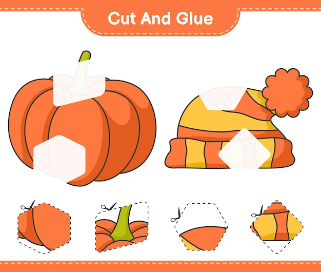 Cut and glue, cut parts of Pumpkin and Hat. Educational children game, printable worksheet, vector illustration