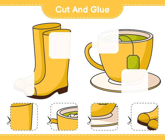 Cut and glue, cut parts of Rubber Boots and Tea Cup. Educational children game, printable worksheet, vector illustration