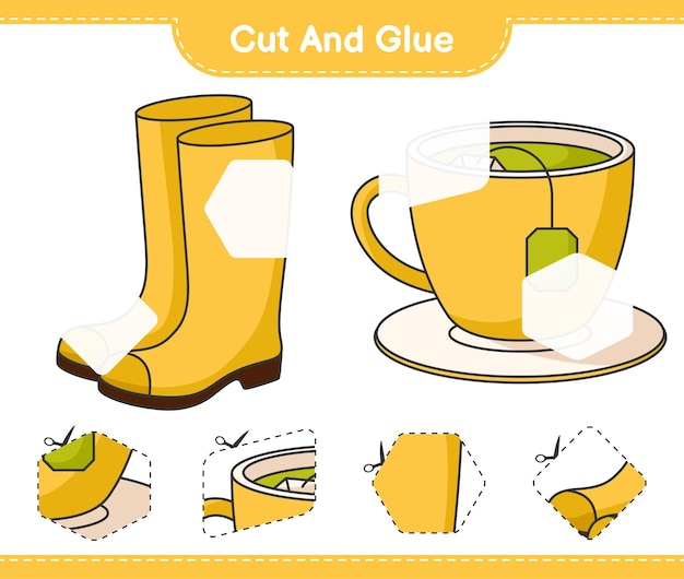 Cut and glue, cut parts of Rubber Boots and Tea Cup. Educational children game, printable worksheet, vector illustration