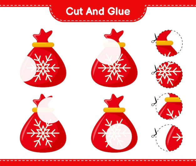 Cut and glue, cut parts of santa claus bag and glue them. educational children game, printable worksheet