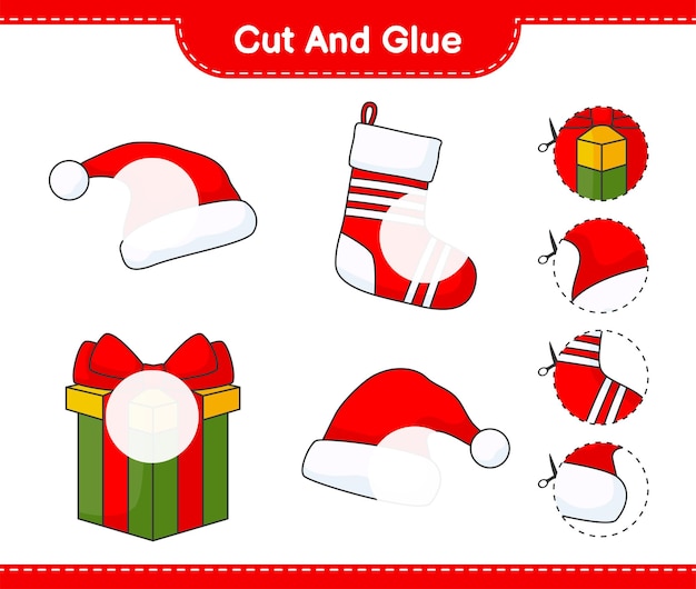 Cut and glue cut parts of Santa Hat Gift Box Christmas Sock and glue them Educational children game printable worksheet vector illustration