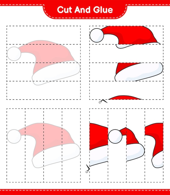 Cut and glue cut parts of Santa Hat and glue them Educational children game printable worksheet vector illustration