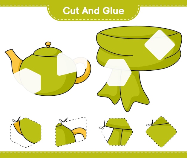 Cut and glue, cut parts of scarf and teapot. educational children game, printable worksheet, vector illustration